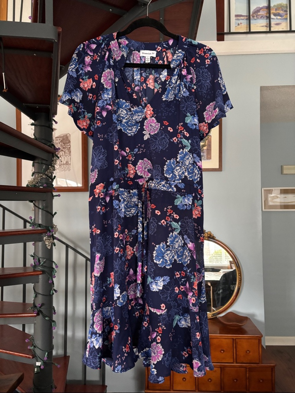 Veronica M Navy Floral Midi Dress with Tie Waist